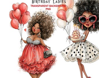African American Birthday Lady PNG Clipart, Curvy Celebration Girls Graphics, Transparent Background Digital Download