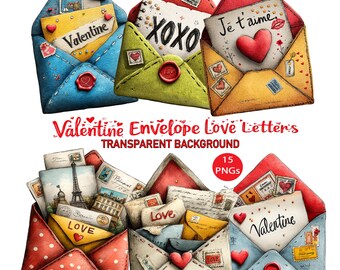 May include: A collection of colorful Valentine's Day envelopes. The envelopes are in various colors, including blue, red, yellow, and green. Some envelopes have hearts, stamps, and the words "Valentine," "XOXO," and "Je t'aime." The image also includes the text "Valentine Envelope Love Letters."