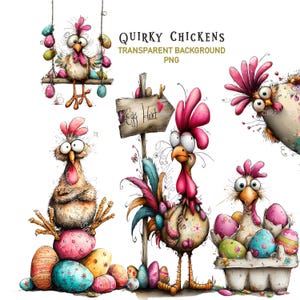 May include: A collection of whimsical chicken illustrations with Easter eggs. One chicken is on a swing, another stands by an "Egg Hunt" sign, and others are near decorated eggs. The text "Quirky Chickens" and "Transparent Background PNG" are also visible.