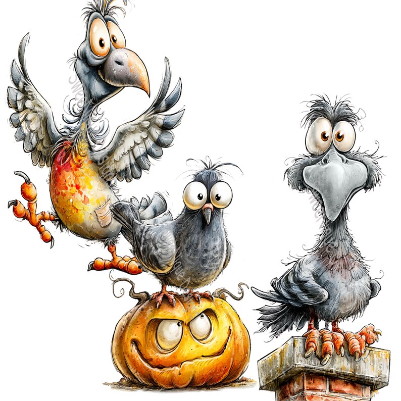 May include: A digital illustration featuring three cartoon birds with large eyes. One bird with orange and gray feathers stands with wings spread, a gray bird sits on a carved orange pumpkin, and a third gray bird stands on a brick chimney top.