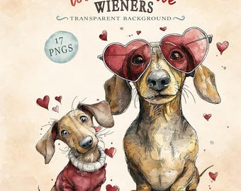 Loveable Dachshund Dogs PNG Clipart, Whimsical Valentine Doxie Illustrations, Digital Download