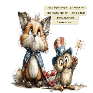 A collection of 12 funny, whimsical 4th of July patriotic animal clipart graphics in a detailed, sketch-style illustration format. The set includes a monkey eating a hot dog, a bug-eyed snail with a flag shell, a raccoon eating watermelon, an owl with a sparkler, a squirrel with a patriotic popsicle, plus a hedgehog, fox, turtle, mouse, and chicken. All characters feature vibrant red, white, and blue American flag themes perfect for sublimation and crafting.
