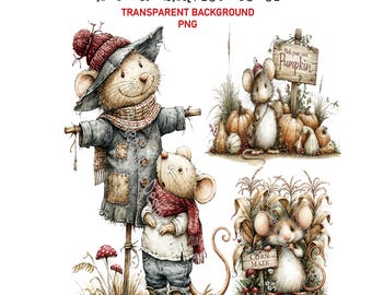 May include: Digital illustration set titled AUTUMN HARVEST MOUSE featuring a mouse dressed as a scarecrow in a hat and coat, a mouse standing by a wooden sign reading Pick your own Pumpkin with orange pumpkins, and a mouse by a Corn Maze sign.