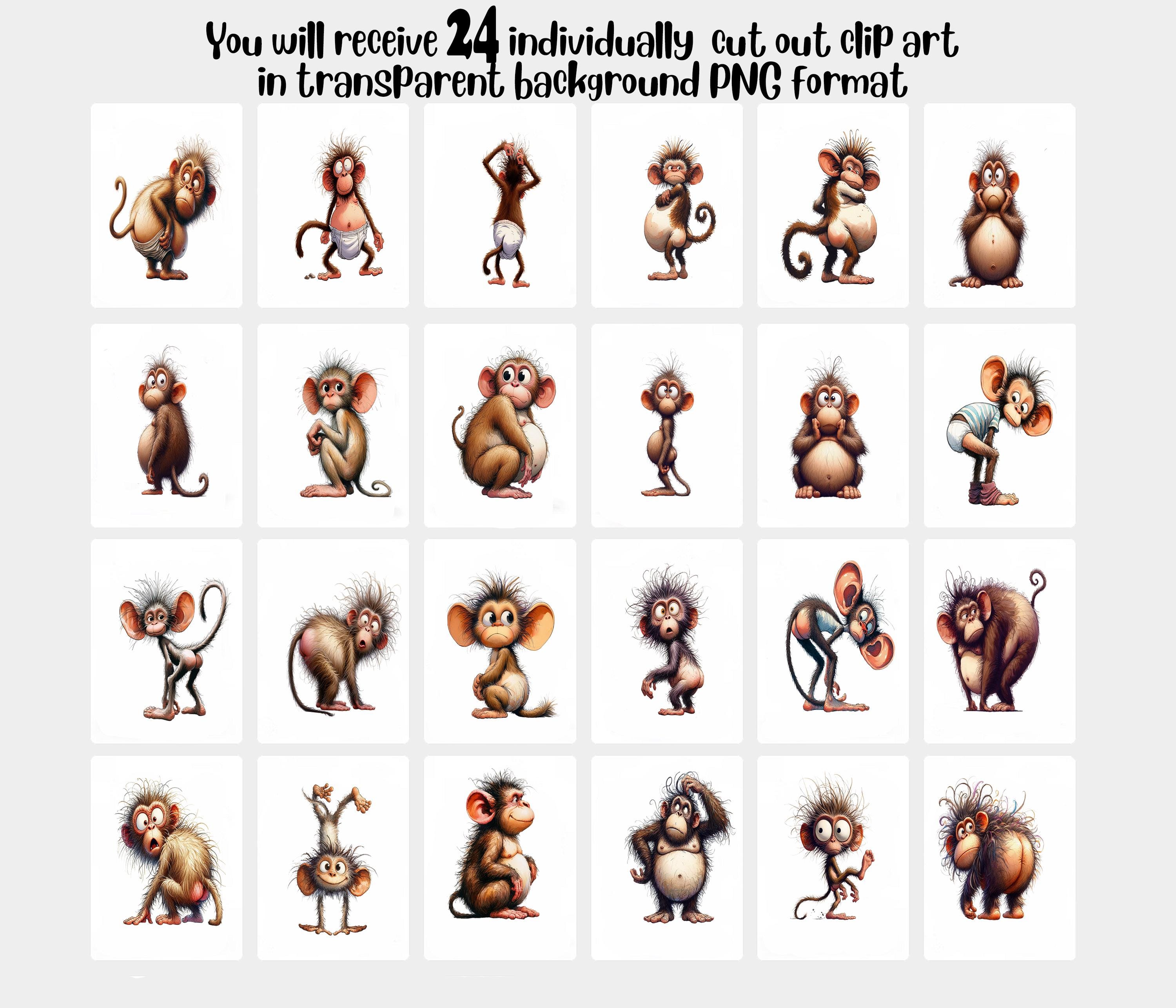 Funny Cheeky Monkeys Clip Art, Watercolor PNG Prints (digital Download ...