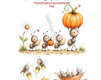 Autumn Harvest Insects PNG Clipart, Funny Whimsical Fall Bugs, Digital Download