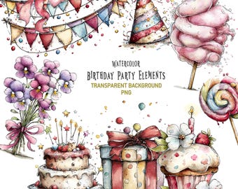 Birthday Party Elements PNG Clipart: 28 Watercolor Celebration Graphics Transparent Background Digital Download