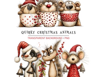 35 Quirky Christmas Animals PNG Clipart, Woodland Festive Critters Graphics, Digital Download
