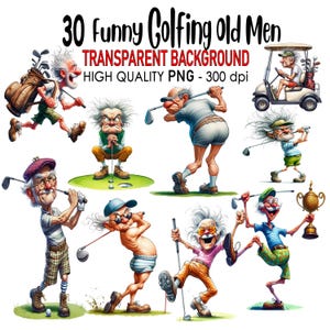 30 transparante achtergrond grappige golfen oude mannen illustraties, PNG 300 dpi hoge kwaliteit digitale download prints, aquarel sublimatie, opa's