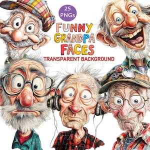 25 visages de grand-père drôles et originaux Clip Art fond Transparent PNG 300 DPI téléchargement numérique de haute qualité tirages Sublimation Sassy Senior