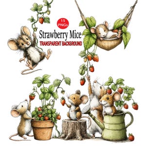 Op de afbeelding: Waterverfillustratie van muizen en aardbeien. Een muis hangt aan een wijnstok, anderen zijn in de buurt van aardbeienplanten en een rust in een hangmat. De tekst "Strawberry Mice" wordt weergegeven.