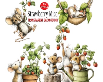 Funny Strawberry Mouse PNG Clipart: 15 Whimsical Graphics, Transparent Background, Watercolor, Sublimation, Print