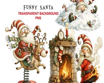 Divertente clipart PNG di Babbo Natale: grafica festiva fantasiosa, sfondo trasparente (download digitale)
