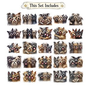 May include: A digital collection of twenty-five illustrations featuring groups of three shaggy dogs with various fur colors including black, brown, and gray. Each group shows the dogs huddled together with tongues out. The text "This Set Includes" is at the top.