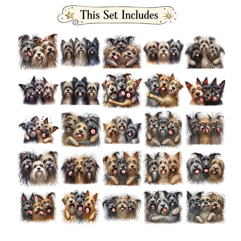 May include: A digital collection of twenty-five illustrations featuring groups of three shaggy dogs with various fur colors including black, brown, and gray. Each group shows the dogs huddled together with tongues out. The text "This Set Includes" is at the top.