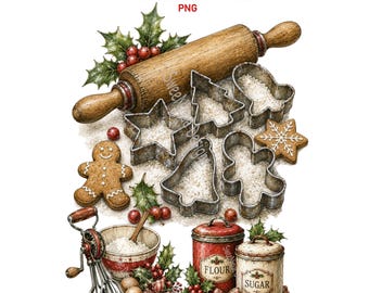 Primitive Christmas Baking Clipart PNG, Vintage Holiday Kitchen Illustrations Ephemera, Digital Download
