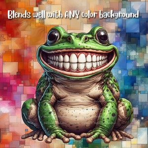 May include: A green frog with a wide, toothy grin sits against a colorful, pixelated background. The frog has a large, round belly and small, black eyes. The background is made up of squares in shades of red, orange, yellow, blue, and green.