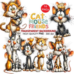 Puede incluir: Ilustración digital de gatos y ratones de dibujos animados. La imagen incluye el texto "Cat and Mouse Friends" y "Transparent Background High Quality PNG - 300 dpi". Los gatos y ratones están en varias poses y colores.