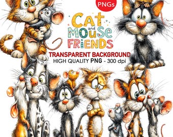 16 udda katt- och musbilder med bästa vänner, PNG-bilder, akvarellstil, transparent bakgrund, digital nedladdning, 300 DPI, sublimeringsutskrifter