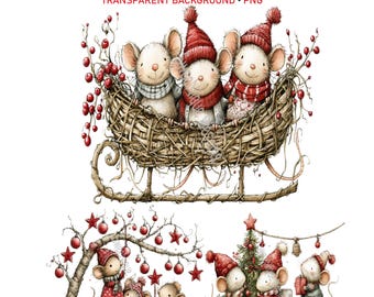 Primitive Christmas Mice PNG Clipart, Country Farmhouse Mouse Holiday Graphics, Digital Download