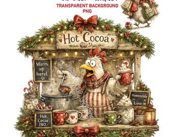 Divertente immagine PNG di un pollo al mercatino di Natale, illustrazioni natalizie fantasiose, sfondo trasparente, download digitale.