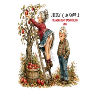 Puede incluir: Ilustración digital de una pareja de ancianos recogiendo manzanas. Una persona con suéter rojo y falda azul sube a una escalera de madera para alcanzar manzanas. Una persona con camisa a cuadros y jeans azules está cerca. Texto: CHEEKY OLD COUPLE.