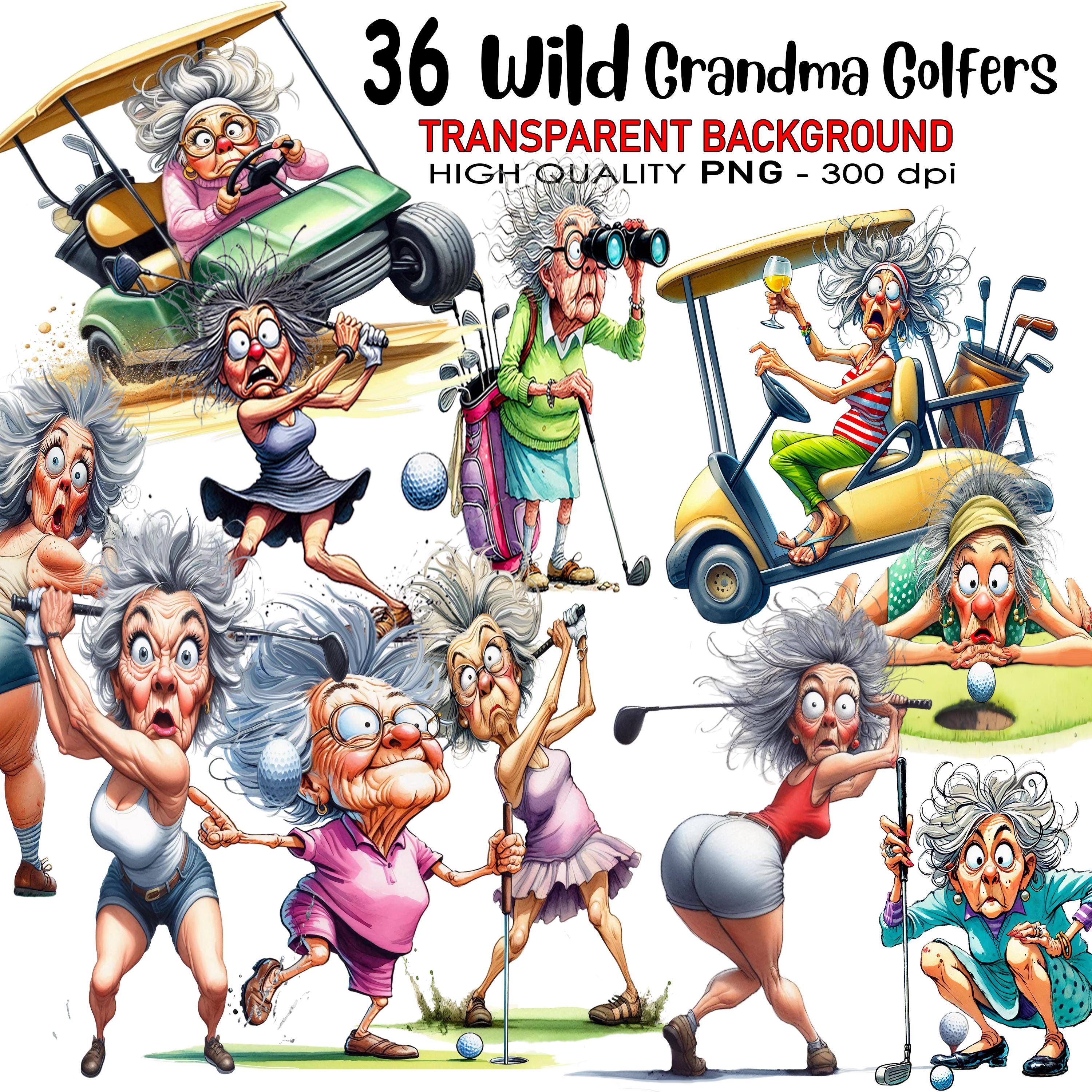 36 drôle sauvage grand-mère golfeuse Clip Art, fond Transparent, PNG 300 dpi, impression en téléchargement numérique de haute qualité, sublimation aquarelle