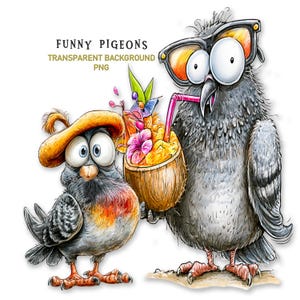 May include: A digital illustration of two grey pigeons. One pigeon wears a yellow beret, while the other wears large sunglasses and holds a coconut drink with a pink straw, a tropical flower, and a small umbrella. Text reads FUNNY PIGEONS.