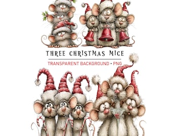 Three Christmas Mice PNG Clipart, Whimsical Holiday Mouse Trio, Digital Download