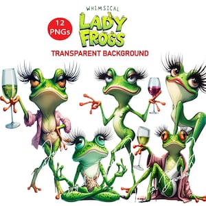 12 grillige Lady Frogs clipart karakter png's, transparante achtergrond digitale download sublimatie print kaarten scrapbook dagboek