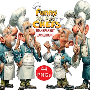 May include: A digital illustration featuring four cartoon chefs with exaggerated features. They wear white chef hats, blue jackets, and aprons. The image includes the text "Funny Old Man Chefs" and "Transparent Background."