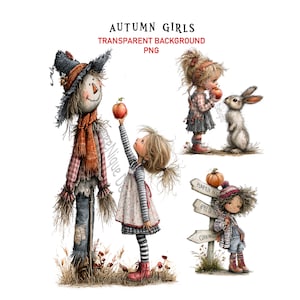 May include: Digital illustration titled AUTUMN GIRLS TRANSPARENT BACKGROUND PNG featuring a scarecrow with a red scarf, a girl offering an apple to the scarecrow, a girl with a rabbit holding an apple, and a girl by a signpost with text PUMPKIN PATCH, APPLE ORCHARD, and CORN MAZE.