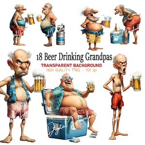 May include: Digital illustration featuring 18 cartoon grandpas enjoying beer. The image includes various poses, with some holding mugs of beer, and text that reads "18 Beer Drinking Grandpas". The background is transparent.