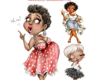 Sassy African American Ladies Clipart, Curvy Fashionable Women (Digital Download)