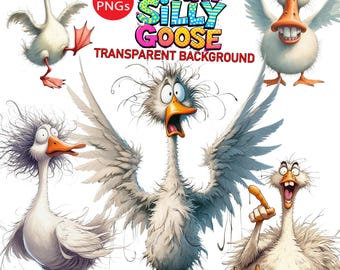 24 PNG Funny Silly Goose Clip Art Transparent Background High Quality 300 dpi Digital Download Prints Watercolor, Sublimation Sassy Birds