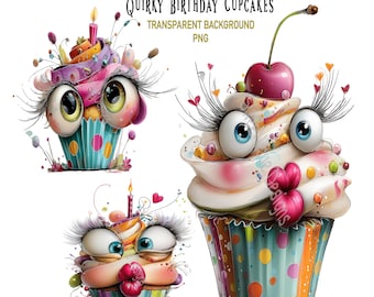 Clipart di cupcake di compleanno originali, 18 immagini PNG di feste e celebrazioni con sfondo trasparente, download digitale