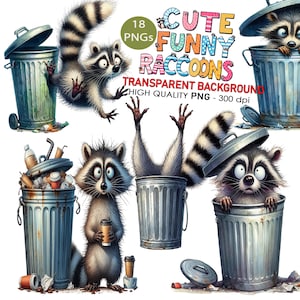 18 PNG mignons drôles de ratons laveurs Clip Art fond Transparent haute qualité 300 dpi, téléchargement numérique, impressions, sublimation, animaux de la forêt