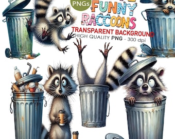 18 PNG Cute Funny Raccoons Clip Art Transparent Background High Quality 300 dpi Digital Download Prints, Sublimation, Woodland Animal