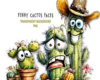 Divertenti faccine di cactus in formato PNG, design sfacciato per sublimazione per tazze e magliette, grafica in stile acquerello
