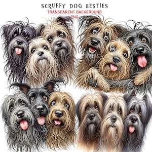 Funny scruffy dogs hugging each other. Portrait style.  Each dog has his own unique expresson.  Created in a watercolor illustrated style.