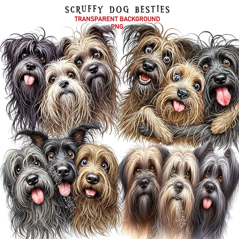 Funny scruffy dogs hugging each other. Portrait style.  Each dog has his own unique expresson.  Created in a watercolor illustrated style.