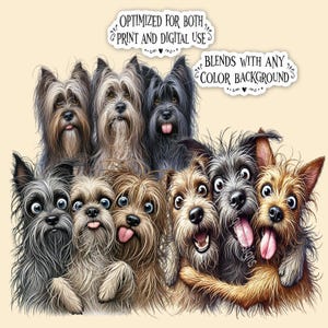 May include: A digital illustration featuring a group of nine shaggy-haired dogs with various expressions, including tongues sticking out. Two text bubbles are included, reading: OPTIMIZED FOR BOTH PRINT AND DIGITAL USE and BLENDS WITH ANY COLOR BACKGROUND.