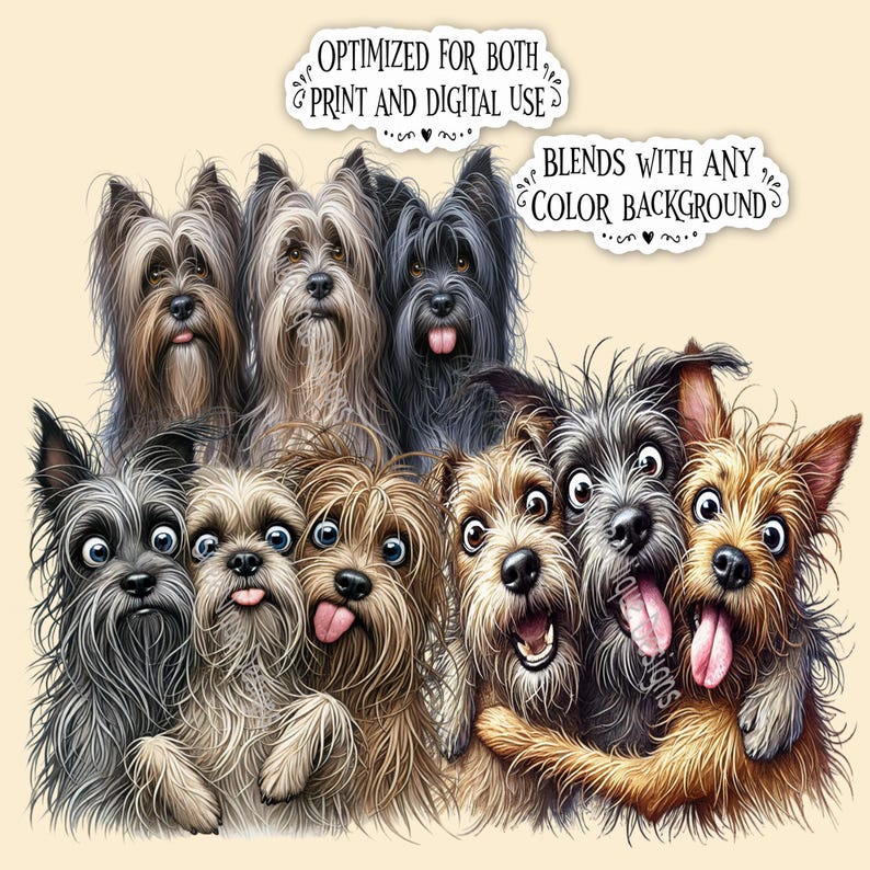 May include: A digital illustration featuring a group of nine shaggy-haired dogs with various expressions, including tongues sticking out. Two text bubbles are included, reading: OPTIMIZED FOR BOTH PRINT AND DIGITAL USE and BLENDS WITH ANY COLOR BACKGROUND.