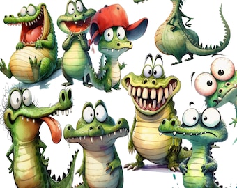 Imágenes prediseñadas de caimán divertido: 25 gráficos con fondo transparente, impresión por sublimación de arte de cocodrilo descarado