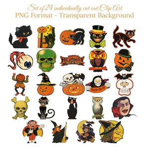 Może przedstawiać: Zestaw 24 obrazk&oacute;w clipart&oacute;w o tematyce Halloween. Obrazy przedstawiają czarne koty, dynie, czaszki, sowy i wampira. Tekst na obrazku brzmi "Happy Halloween Trick or Treat". Grafika jest w formacie PNG z przezroczystym tłem.