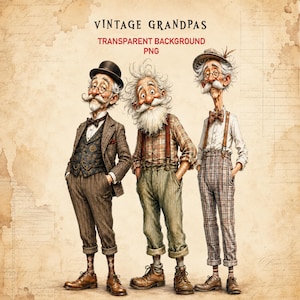 Pode incluir: Três figuras idosas ilustradas rotuladas como VINTAGE GRANDPAS TRANSPARENT BACKGROUND PNG. A figura da esquerda usa um chapéu-coco, terno e gravata borboleta. A figura central tem cabelo despenteado e suspensórios. A figura da direita usa um boné.