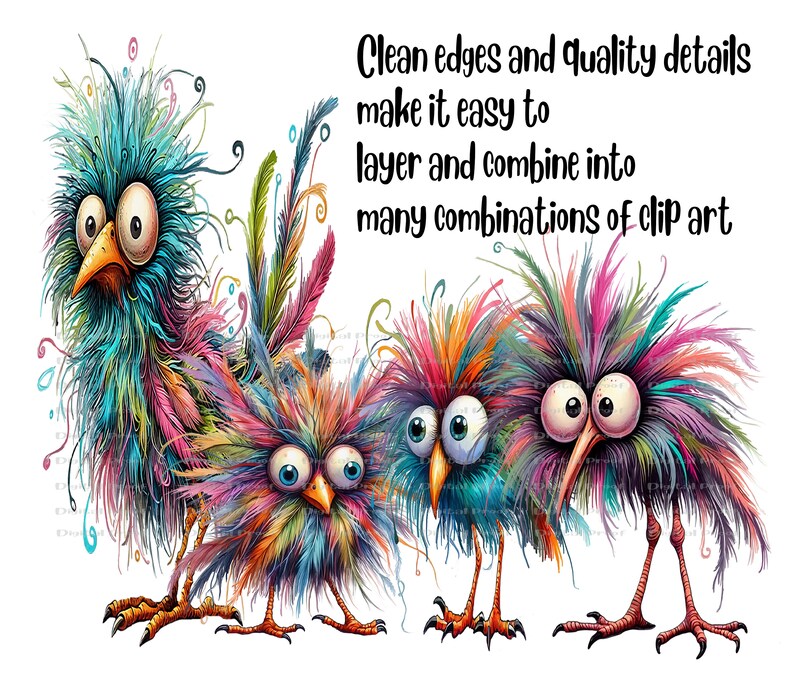 Peut inclure: Quatre oiseaux de dessin anim&eacute; color&eacute;s avec de grands yeux et des plumes duveteuses. Les oiseaux sont debout en rang&eacute;e et ont un style fantaisiste et cartoon. Le texte "Clean edges and quality details make it easy to layer and combine into many combinations of clip art" est &eacute;crit au-dessus des oiseaux.