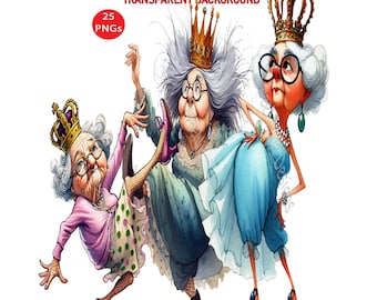 Queen of Sass Grandma PNG Clipart: 25 Funny Old Lady Graphics Transparent Background Digital Download