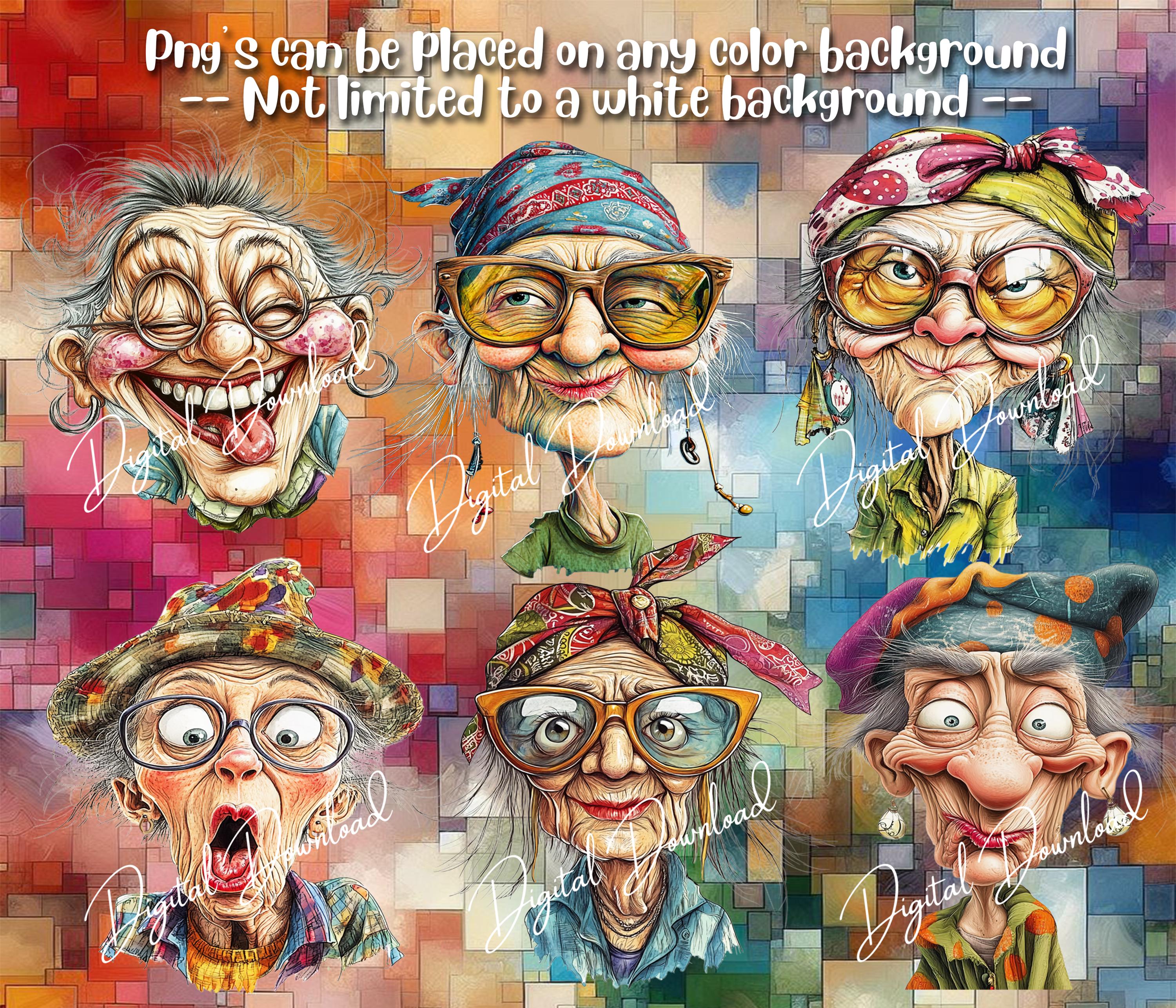 Funny Grandma Clip Art: 40 PNG Old Lady Faces Transparent Background