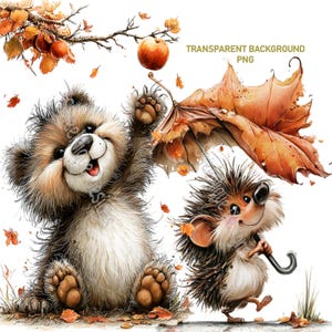 Op de afbeelding: Een illustratie van een vrolijke teddybeer en een egel die van de herfst genieten. De beer reikt naar een appel, terwijl de egel een blad als paraplu gebruikt. De afbeelding heeft een transparante achtergrond en is gelabeld "TRANSPARENT BACKGROUND PNG".