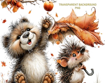 Clipart di animali del bosco autunnali, 20 simpatiche immagini PNG autunnali, sfondo trasparente, download digitale per sublimazione o stampa